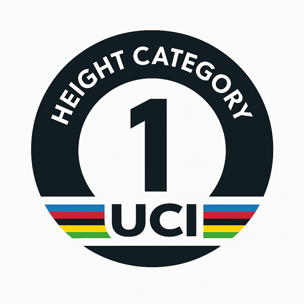 UCI Height Category 1 sticker with a black border and colorful stripes below the number 1. 