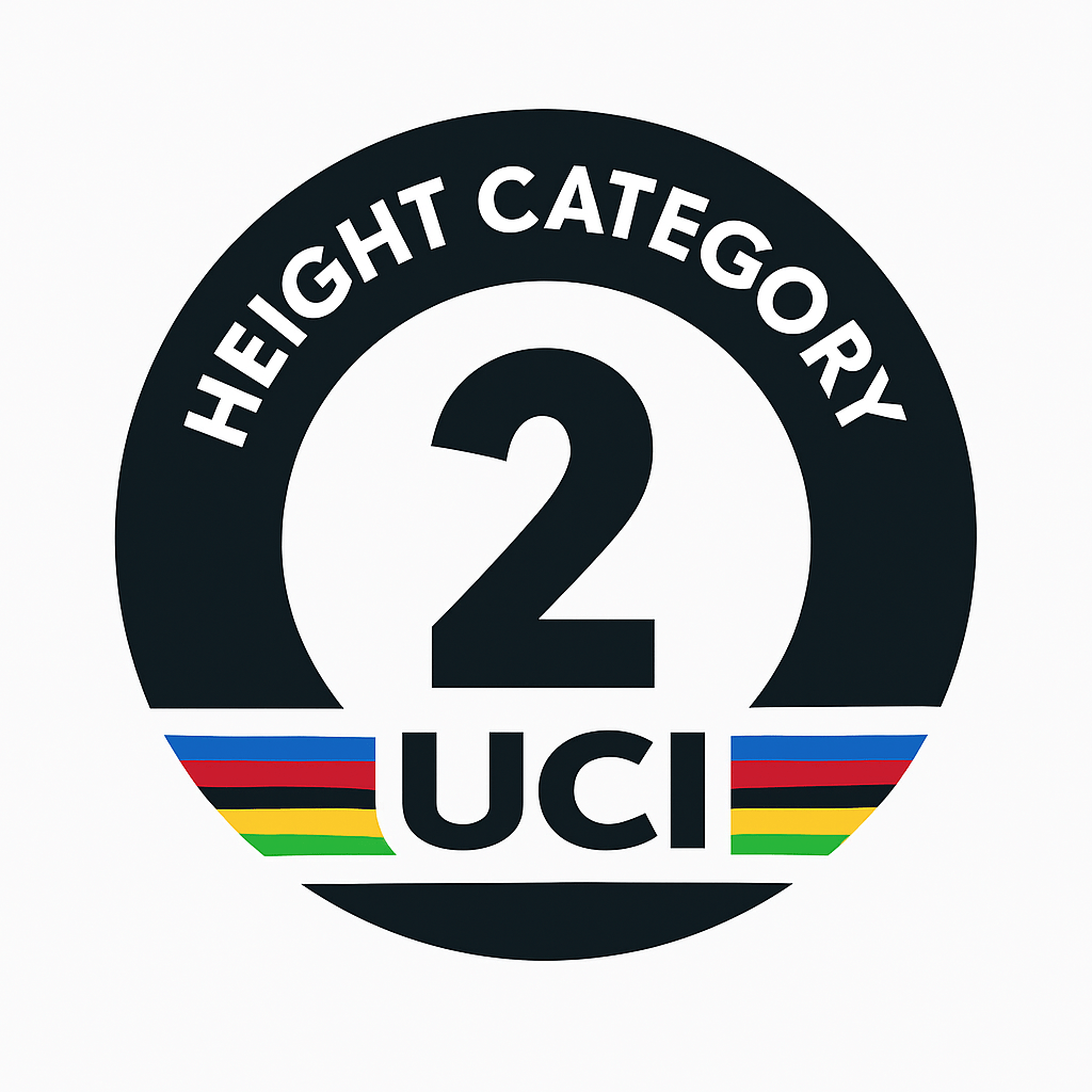 Height category 2 UCI sticker with black border and colorful stripes on a white background