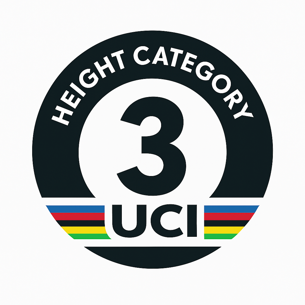 UCI Height Category 3 sticker with a black border and colorful stripes below the number 3. 