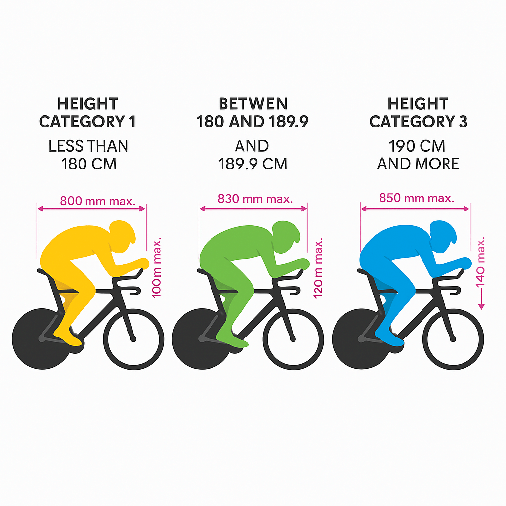 Diagram showing height categories for cyclists with corresponding bike dimensions for using UCI Height Category Stickers